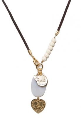 Leather necklace with oval stone | gold/white