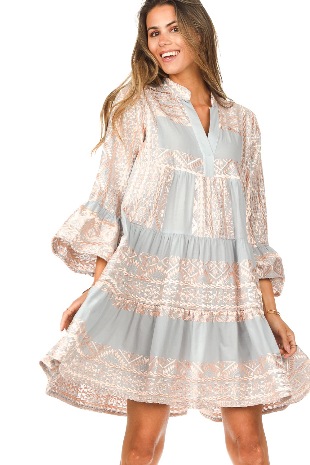 Dress with gold colored embroidery Liva | grey... | Greek Archaic Kori |  Little Soho