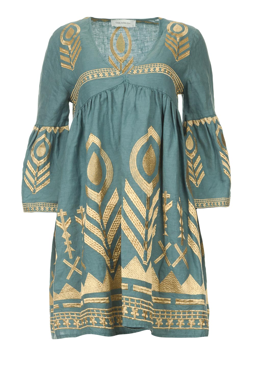 Gold coloured embroidered linen dress Mally | teal... | Greek Archaic Kori | Little Soho Gold coloured embroidered linen dress Mally | teal... | Greek Archaic Kori | Little Soho