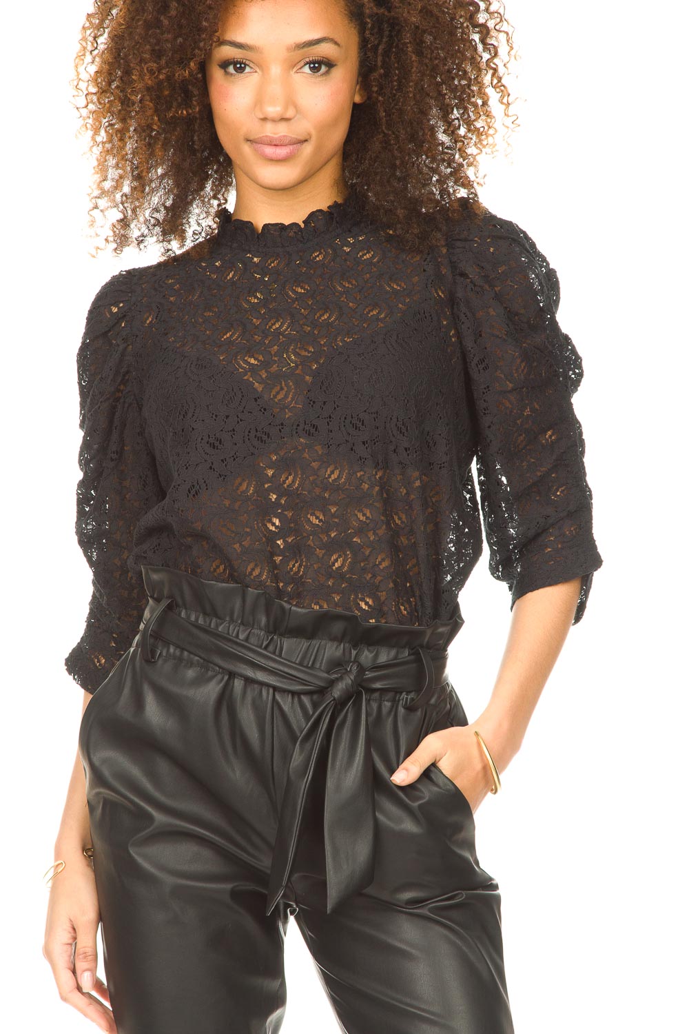 Lace top with puff sleeves Lilou | black | Lollys Laundry