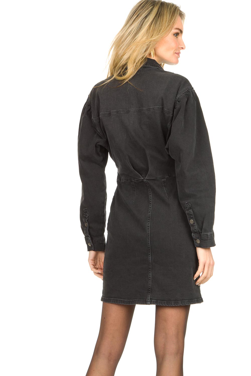 Denim dress with puff sleeves Lauren | black... | Freebird | Little Soho