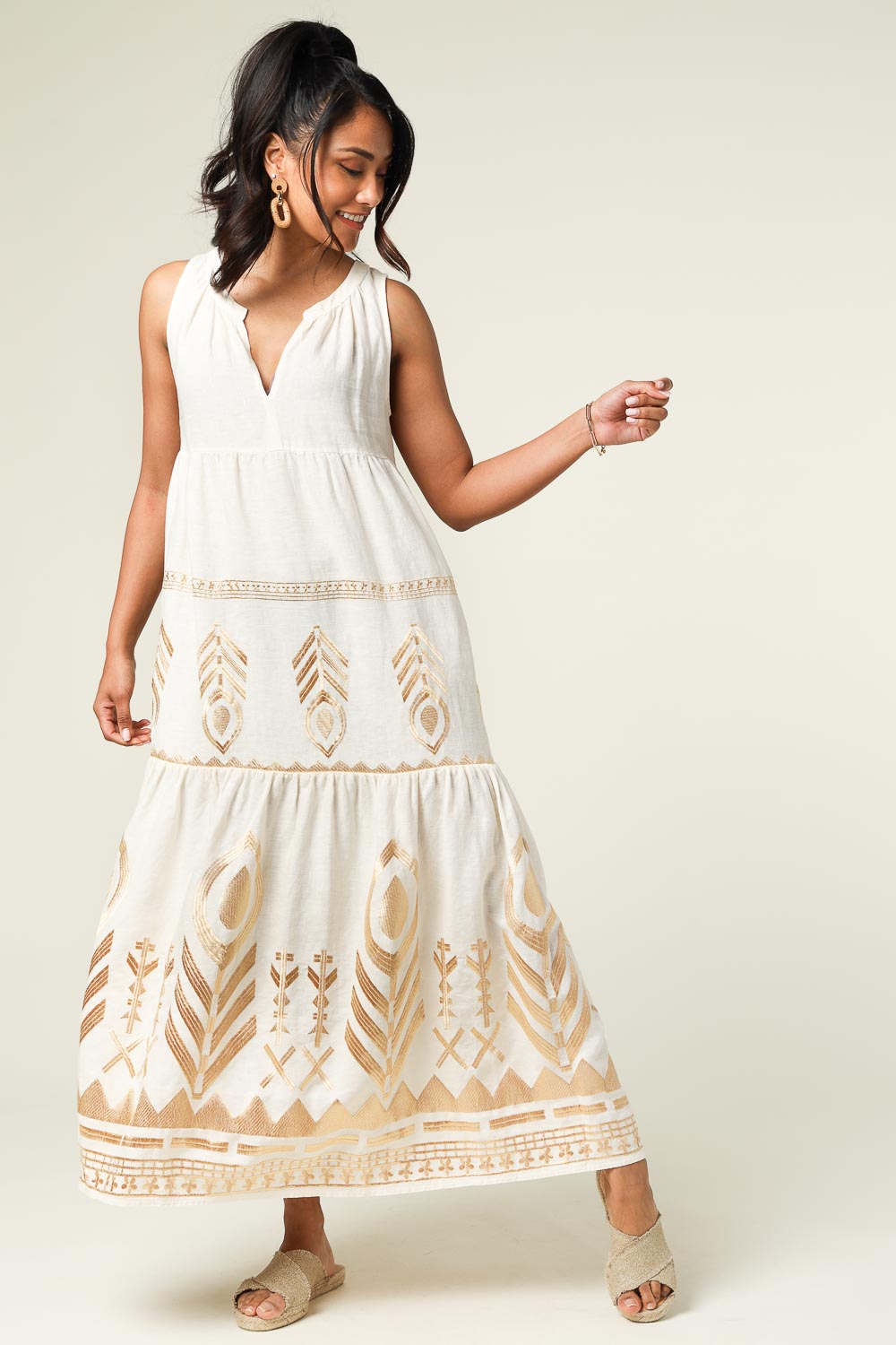 Maxi dress with embroidery Lisa | natural | Greek Archaic Kori