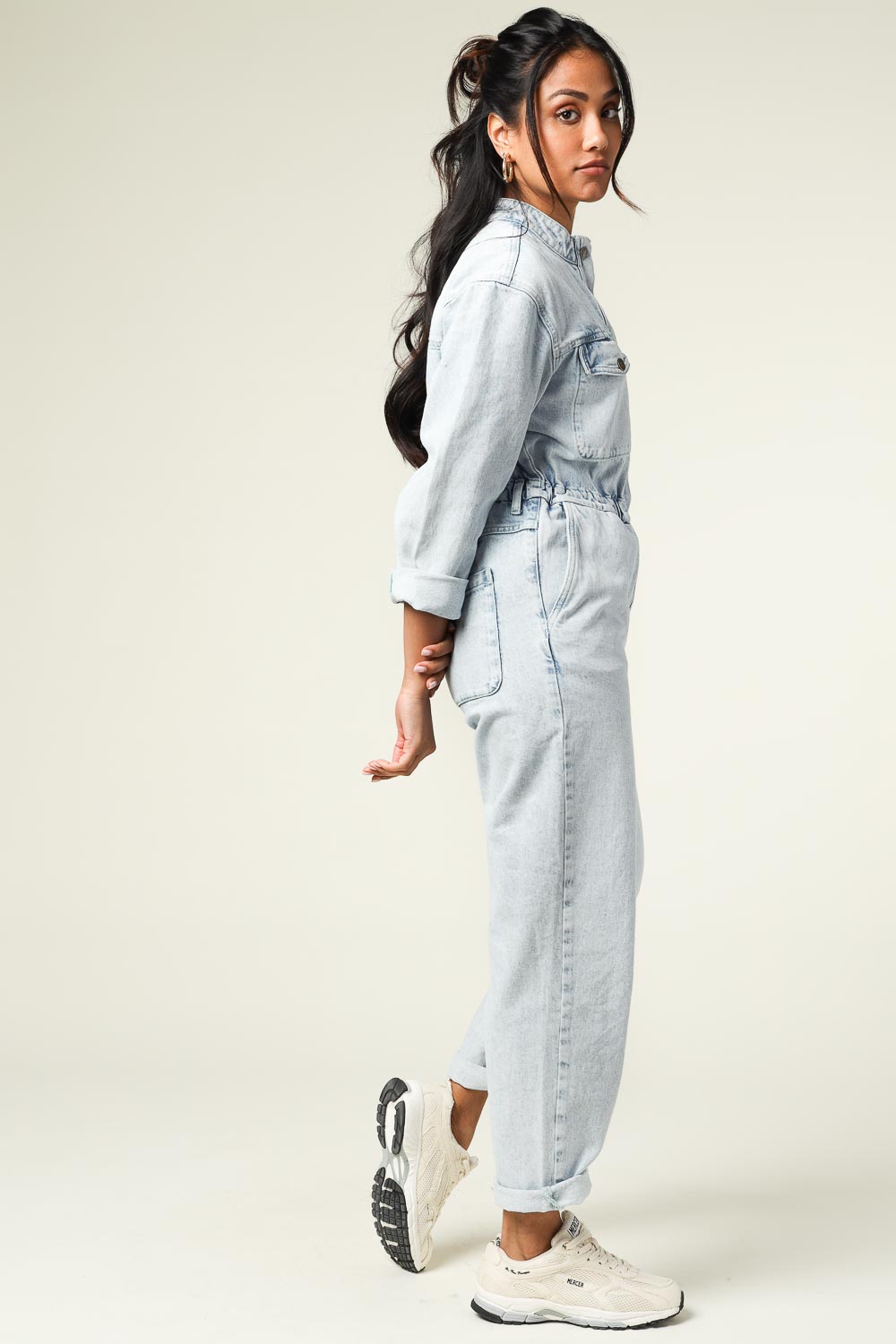 Stylish bleached women's jean jumpsuit