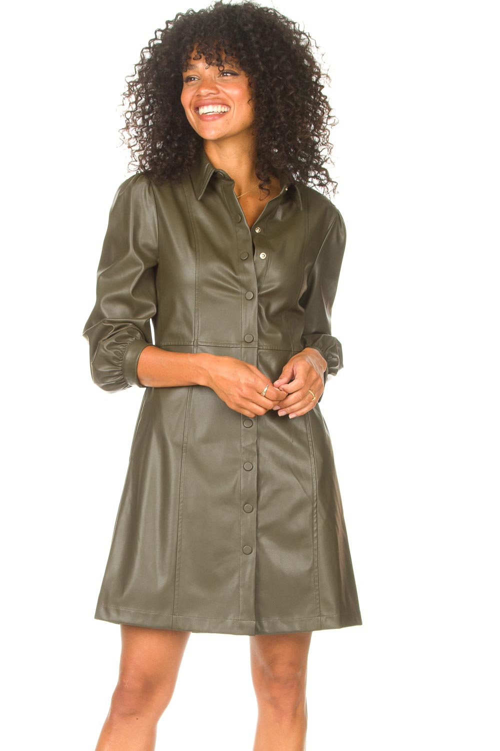 green leather shirt dress Khaki Green Faux Leather Popper Front Shirt Dress