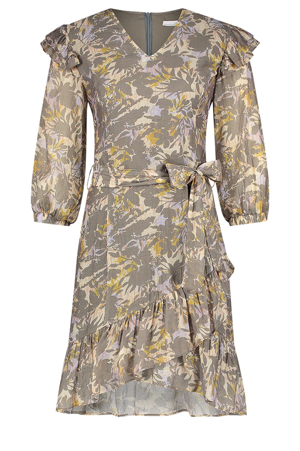 Aaiko Katoenen ruches jurk met bloemenprint Valenthe grijs