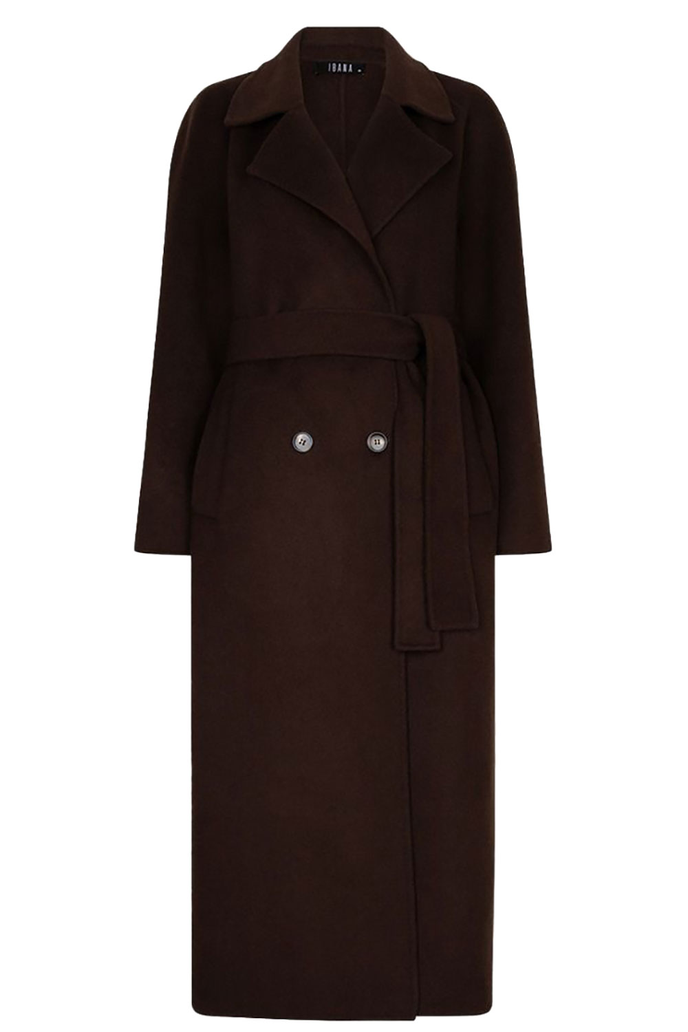 Ibana Lange mantel met ceintuur Cassia bruin