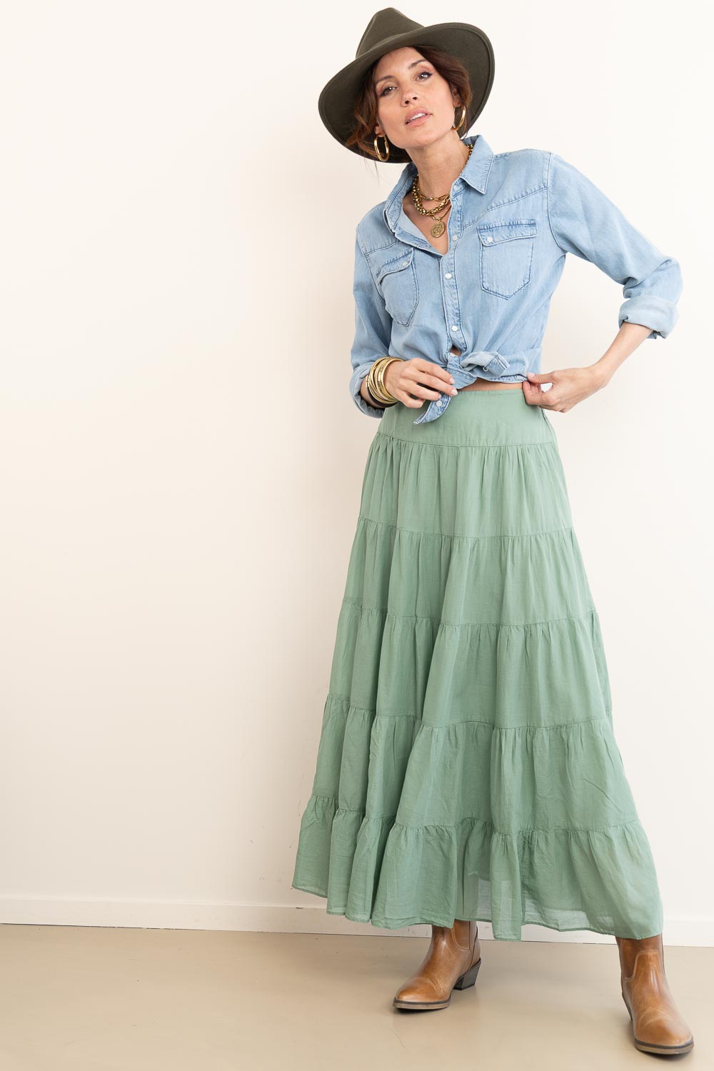 Look Cotton layered skirt Sage