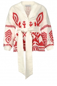 Greek Archaic Kori | Linnen blouse met borduursels Mila | wit/rood 