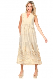 Greek Archaic Kori |  Maxi dress with embroideries Aleya | beige  | Picture 4