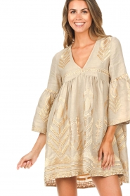 Greek Archaic Kori |  Embroidered linen dress Mally | beige  | Picture 4