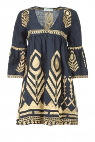 Greek Archaic Kori |  Gold coloured embroidered linen dress Mally | navy blue