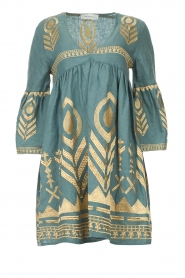 Greek Archaic Kori |  Gold coloured embroidered linen dress Mally | teal