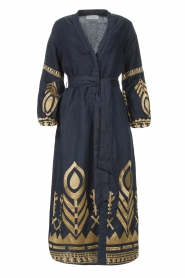 Greek Archaic Kori |  Maxi dress with gold coloured embroideries Sienne | navy  | Picture 1