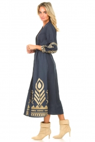 Greek Archaic Kori |  Maxi dress with gold coloured embroideries Sienne | navy  | Picture 5