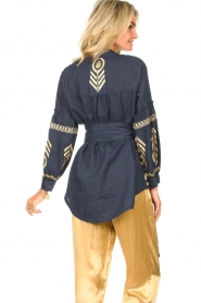 Greek Archaic Kori |  Linen blouse with gold coloured embroideries Mila | navy  | Picture 8