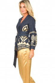 Greek Archaic Kori |  Linen blouse with gold coloured embroideries Mila | navy  | Picture 7