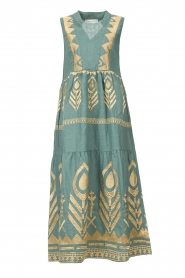 Greek Archaic Kori |  Maxi dress with gold coloured embroidery Aleya | teal