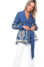 Greek Archaic Kori |  Linen blouse with embroidery Mila | blue  | Picture 5