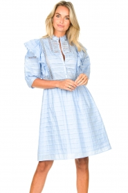 Silvian Heach |  Cotton broderie dress with ruffles Kenzie | blue   | Picture 5