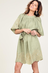 Greek Archaic Kori |  Dress with labyrinth embroidery Zoe | green  | Picture 6
