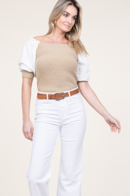 Liu Jo |  Tricot top with poplin sleeves Erice | beige  | Picture 5