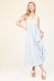 Greek Archaic Kori |  Cotton embroidered dress Alexa | light blue | Picture 3