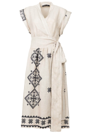 Greek Archaic Kori |  Midi dress with bow belt Herma | beige | Picture 1
