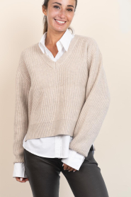 Co'Couture |  Soft sweater with V-neck Row | beige | Picture 2