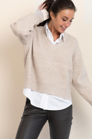 Co'Couture |  Soft sweater with V-neck Row | beige | Picture 4