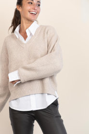 Co'Couture |  Soft sweater with V-neck Row | beige | Picture 5