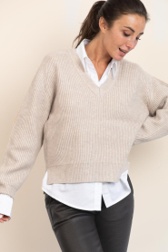 Co'Couture |  Soft sweater with V-neck Row | beige | Picture 6