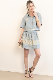 Greek Archaic Kori :  Linen mini skirt with embroidery Pyramids | grey - img3