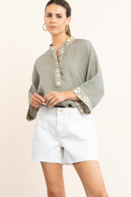 Greek Archaic Kori :  Rami top with embroidery Flakes | green - img4