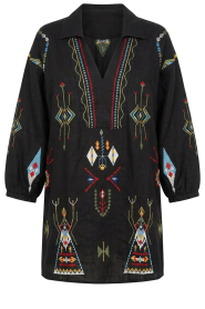 Aether Concept |  Embroidered linen mini dress | black  | Picture 1