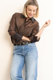 Co'Couture :  Mesh blouse with faux leather details Kawa| brown - img5