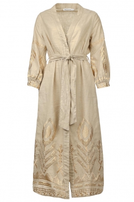 Greek Archaic Kori |Midi-jurk met borduursels Sienne | beige 