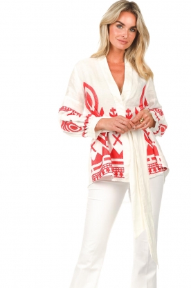 Greek Archaic Kori |  Linen blouse with embroideries Mila | white/red