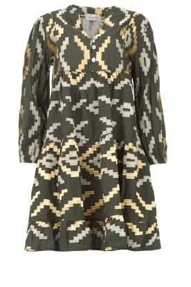 Greek Archaic Kori |Katoenen jurk met goudkleurige borduursels Oliva | khaki