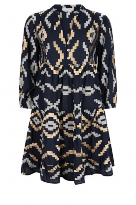 Greek Archaic Kori | Embroidered cotton dress Olivia | navy blue