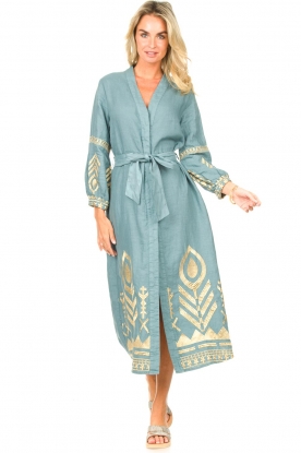 Greek Archaic Kori |  Maxi dress with gold coloured embroideries Sienne | teal 