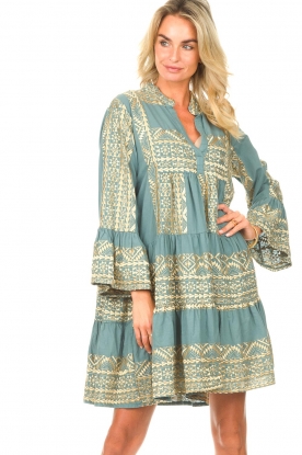 Greek Archaic Kori |  Dress with gold coloured embroideries Liva | teal