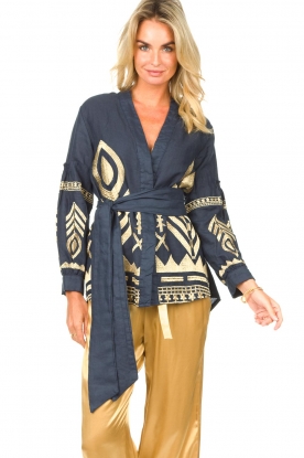 Greek Archaic Kori |  Wrap blouse with gold coloured embroideries Mila | navy blue