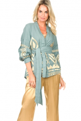 Greek Archaic Kori |  Linen blouse with gold coloured embroideries Mila | teal