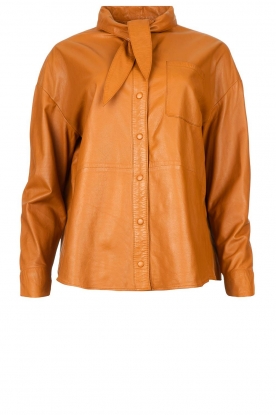 Ibana | Leather blouse with bow tie Tracy | camel