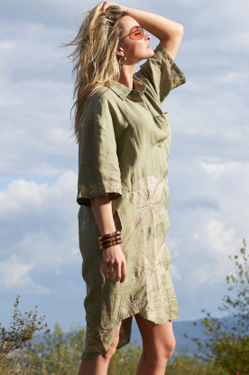 Greek Archaic Kori |  Tunic with gold colored embroidery Livy | green