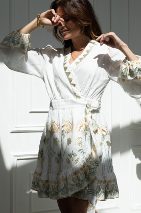 Greek Archaic Kori |  Mini dress with embroidery Papyrus | natural 