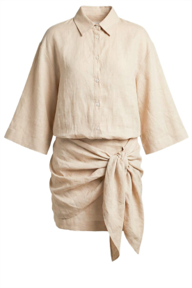 March23 |  Linen dress with bow belt Flare | natural 