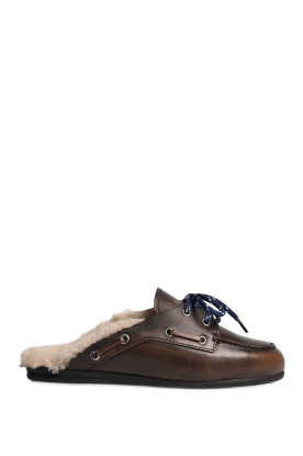 Posa |  Leather loafers with fur Mule | dark brown 