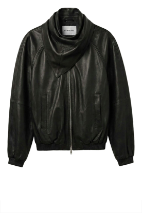 Herskind |  Leather bomber jacket with scarf Yvette | black 