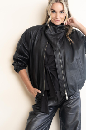 Herskind |  Leather bomber jacket with scarf Yvette | black 
